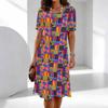Ladies Round Neck Plus Size Short Sleeve Dress Lush Grassland Blossom Print For Lawn Gathering