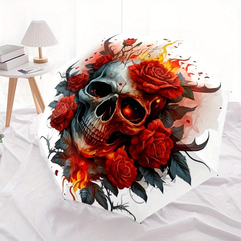 1pc Day of the Dead Skull with Red Roses Automatic, Cute Cartoon Pattern, Portable Outdoor Umbrella, Perfect R007