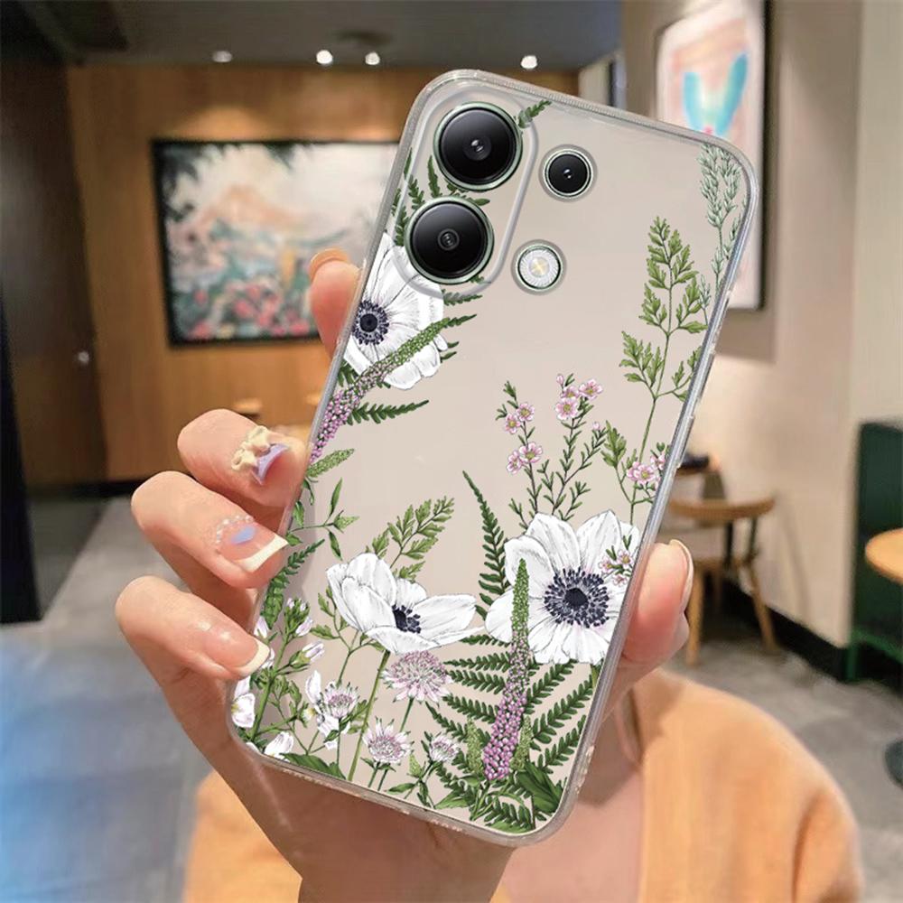 Korean Floral INS Minimalist Plants Phone Case For Xiaomi Redmi Note Note 13 9 11 10 12 Pro 12S Soft TPU Girls Transparent Cover
