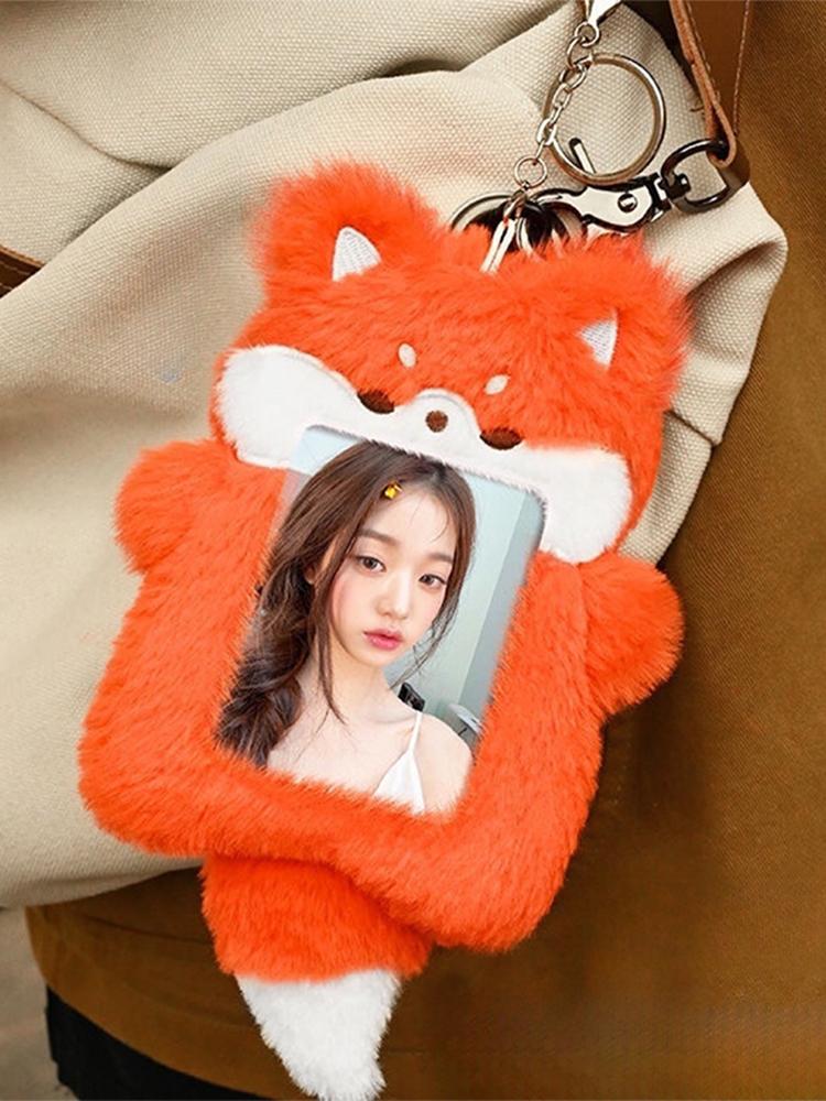 Fox Cute Shapd Photo Sleeves Plush Kpop Idol Photocard Holder Protector Bag Hanging Pendant Students Gift Keychain