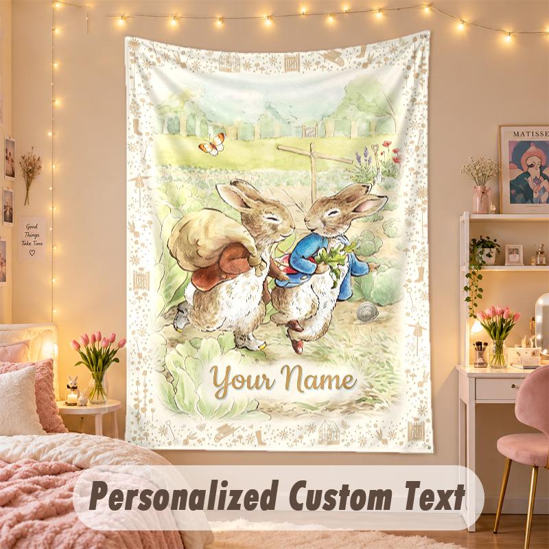 Custom Personalized Tapestry,Peter Rabbit Print Custom Name Text Wall Art Hanging for Bedroom