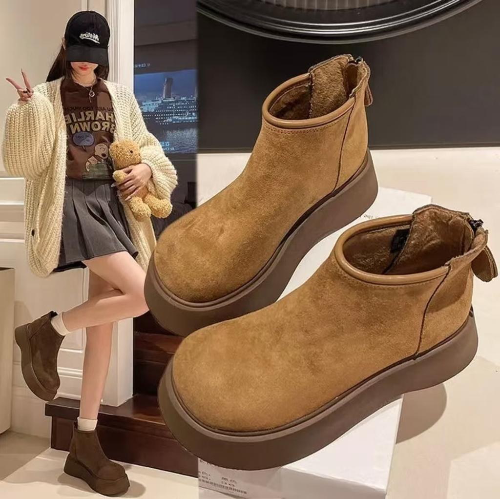 Suede round head thick bottom fleece warm Birkenstock short boots 2025 winter new British wind two cotton snow boots women