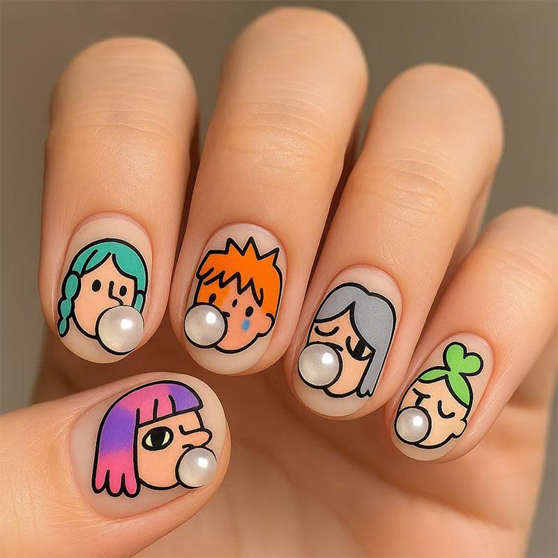 24 STÜCKE Niedliche Cartoon Schwarze Katze Kurze Ovale Aufdrücknägel Einfache Nude Rosa Quadratische Tragbare Falsche Nägel für Mädchen Ins Nagelspitzen