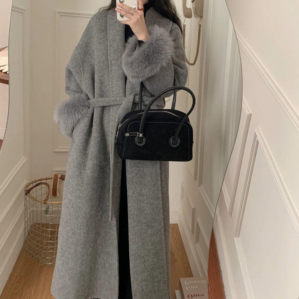Women's Mid-Length Double-Faced Cashmere Coat with Fox Fur Cuffs for 2025 Autumn/Winter
