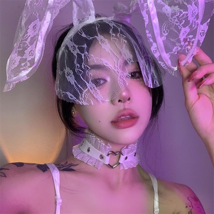 Neue Sexy Spitze Harajuku PU Leder Kette Herz Anhänger Halsketten Frauen Punk Hals Gothic Schwarze Rosa Choker Halskette Cooler Kragen