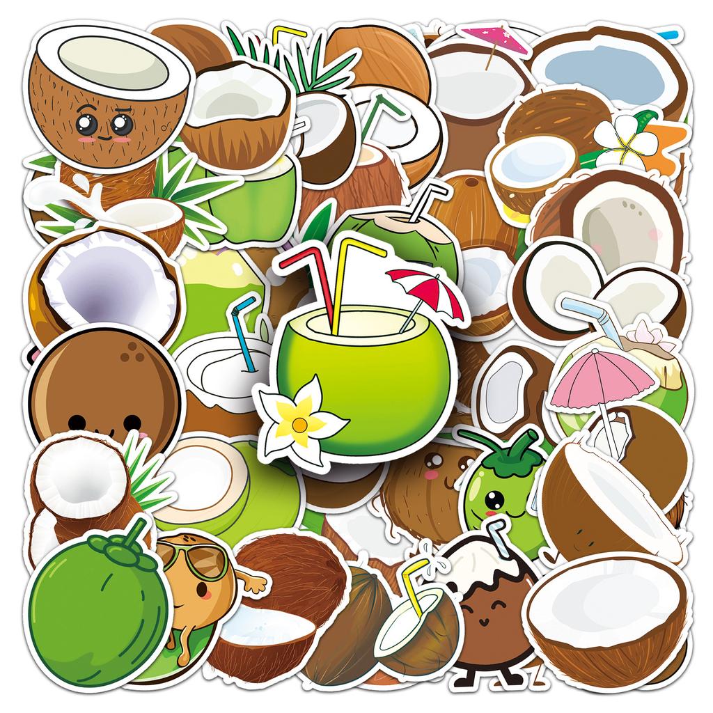 50 Coconut Doodle Personalized Cartoon Fruit Children's Gu Card Decorative Mobile Phone Case Suitcase Stickers Waterproof