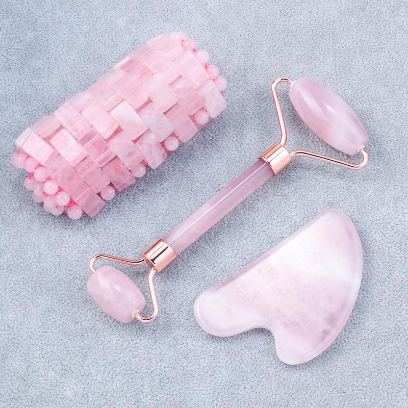 Natural Rose Quartz Cold Therapy Eye Mask Jade Roller Gua Sha Massage Face Eye Relax Stone Sleep Mask Jade Massager With Box