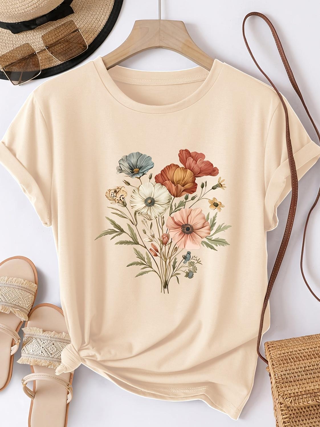 

Colorful Floral Pattern Print Round Neck T-Shirt. Women S Casual Sports Top. Short Sleeve Shirt for Spring Summer Daily Casual Wear. Ladies Clothing S дубильная кора