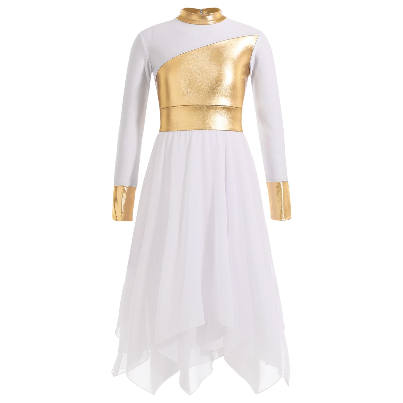 

Детское танцевальное платье для девочек с длинным рукавом и круглым вырезом, металлизированная ткань, аппликация, застежка-молния сзади, костюм для выступлений 5-6 Years белый