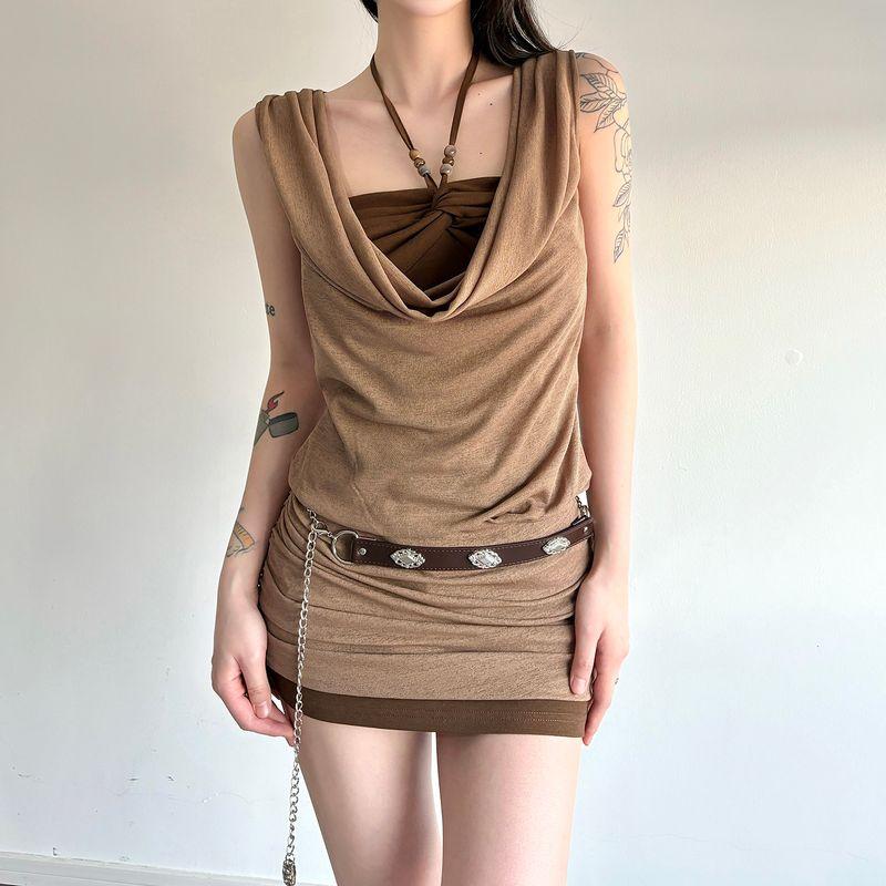 

Hjia European and American Women s Clothing Western Dune Beaded Halterneck Low-Cut Swing Collar Vest Hip Skirt Waste Soil Sexy Suit Brown M