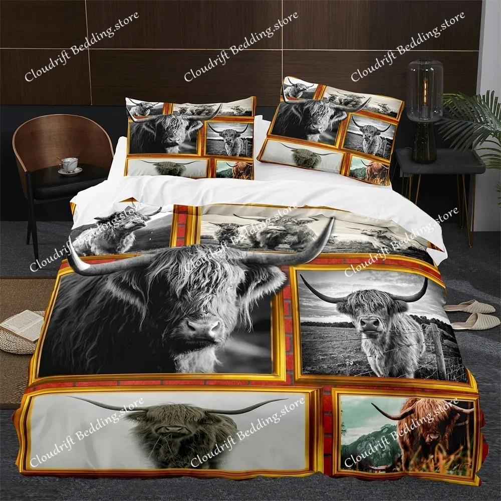 Highland Cow Duvet Cover King Queen Cattle Bedding Set Farmhouse Animal Quilt Cover Western Funny Bull Polyester Comforter Cover