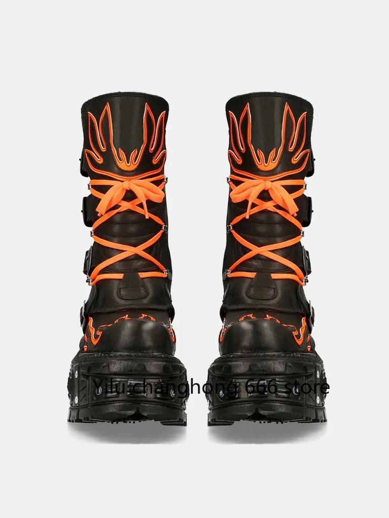 Women Punk Retro Fashion Boots Round Toe Thick Sole Lace Up Flats Boots 2025 Metal Decoration Leather Mid Calf Boots Hot Sale