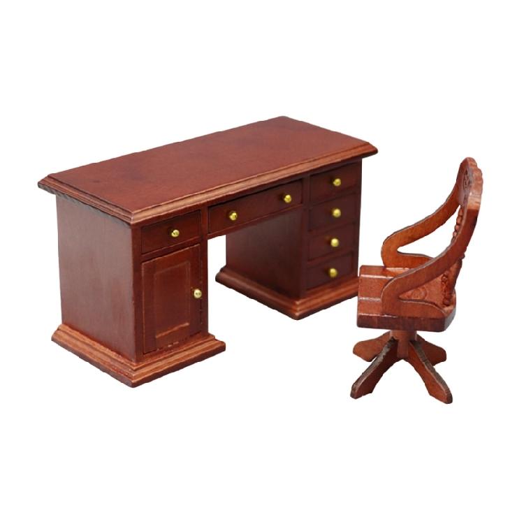 Realistic Miniature Wooden Office Desk With Chair 1/12 Scale Historical Study Room Addition For Models
