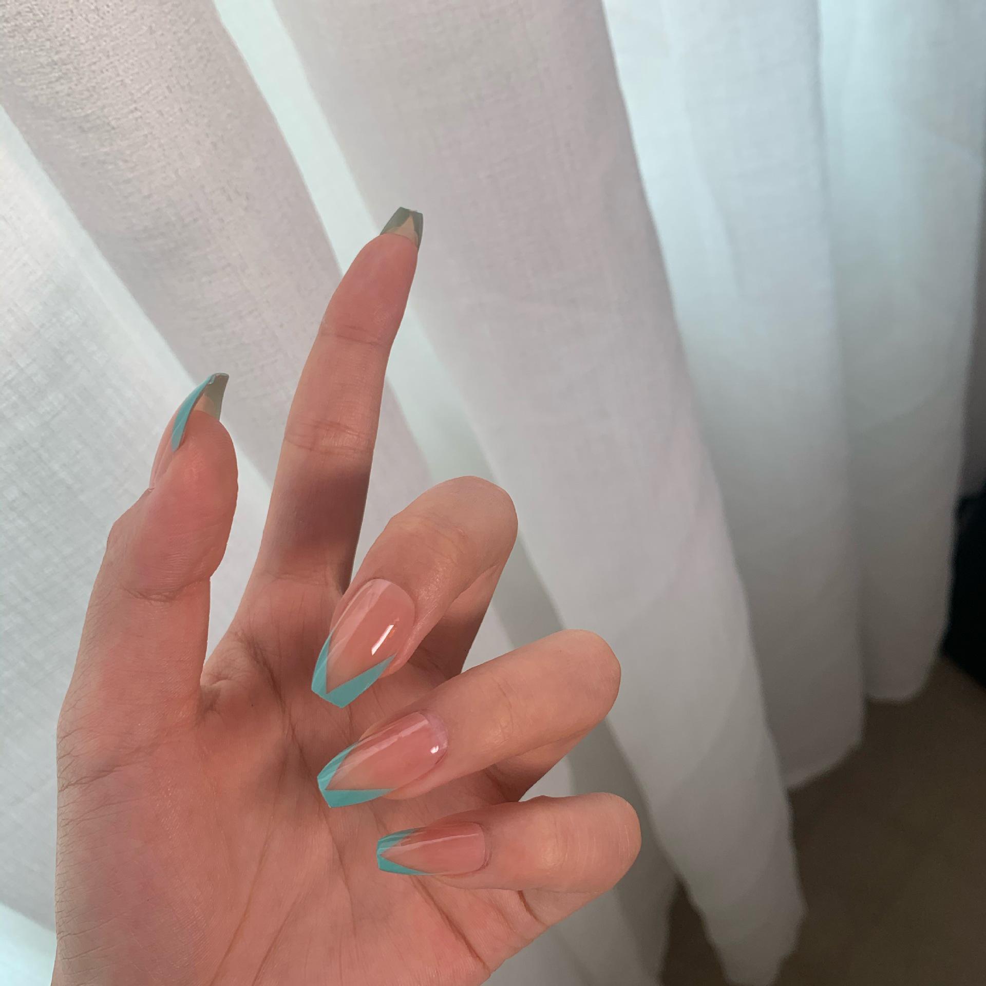 

Nude French Tip Blue-Green Press-On Nails with Nail Art Stickers Glue-on style