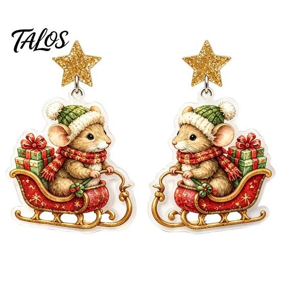 Holiday Party Accessories 1 Pair Cute Christmas Mouse Acrylic Earrings, 2D Flat Cartoon Animal Dangle Earrings Drop for Women, Glitter Star