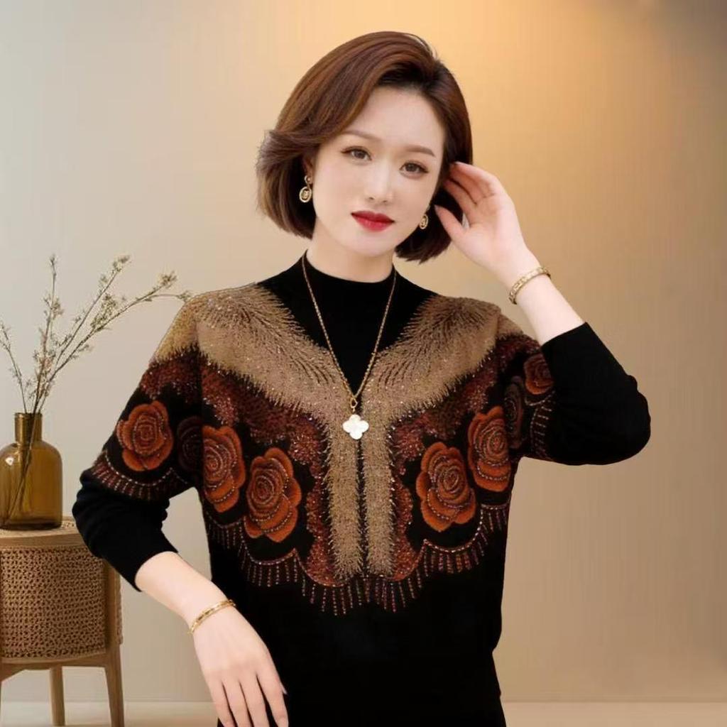 Plush Jacquard Rhinestone Top: Stylish, Slimming Autumn/Winter Layer