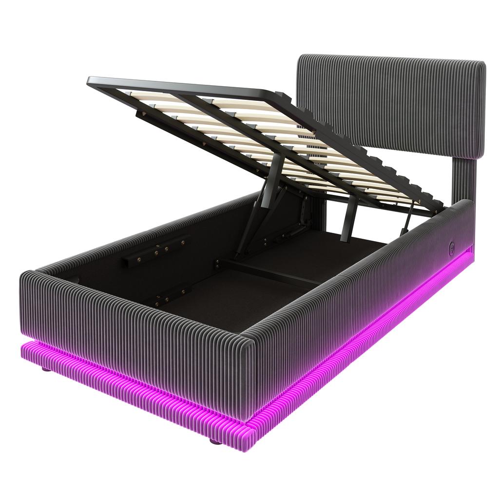 Modern Upholstered Beds with LED Lighting, USB-C Charging, Height-Adjustable Headboard, Corduroy, Slatted Frame, Under-Bed Storage.90*200 Gray