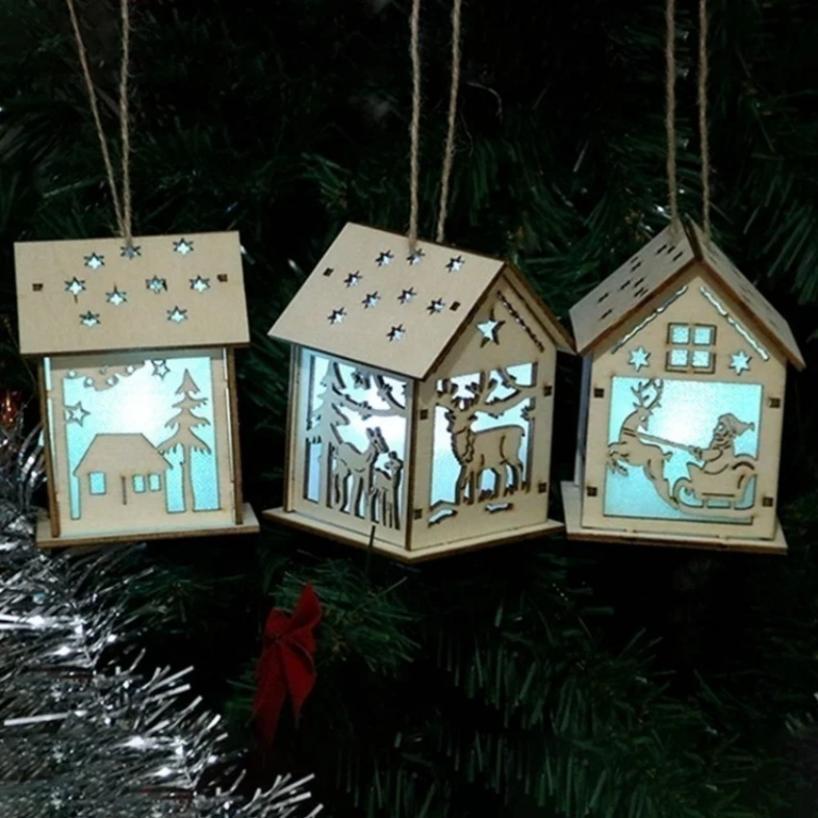 1 Pcs Christmas Ornaments Christmas Glowing Wooden Houses Christmas Tree Decorations Children's Handmade DIY Hanging Pieces