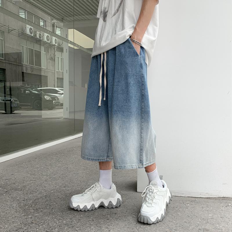 2023 Summer New Casual Calf-length Men's Jeans Pants Harajuku Elastic Waist Solid Color Baggy Jeans For Man