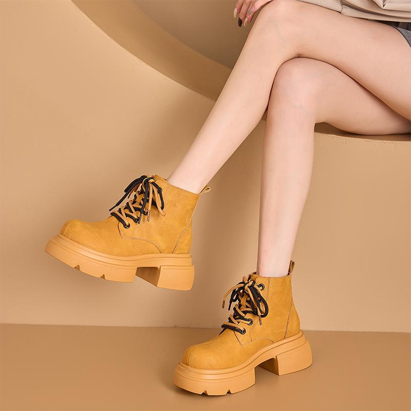 Women's Ankle Boots and Short Boots Thick-soled Casual Yellow Women Boots Plus Size Lace-up Motorcycle Boots Female
