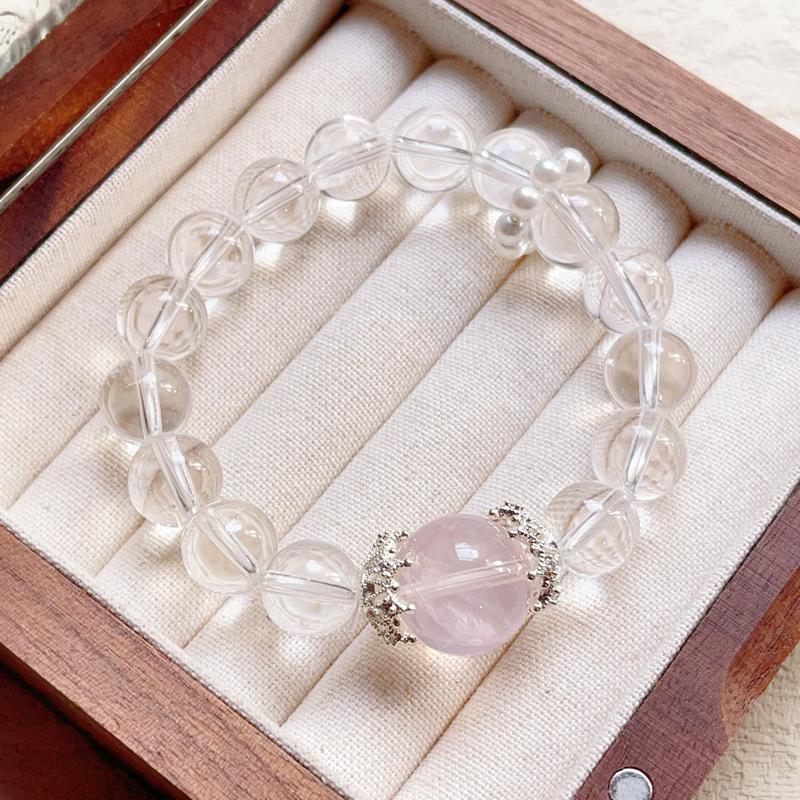 Original natural crystal white crystal single circle powder crystal top bead bracelet, simple style light luxury women s jewelry