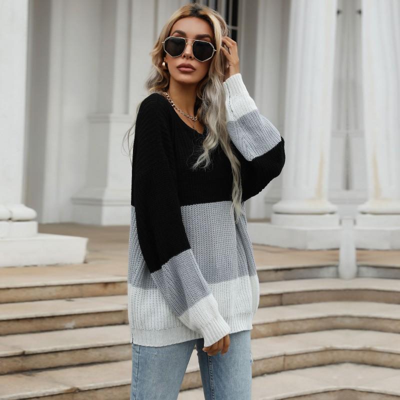 Vintage Fashion Elegant Casual Autumn and Winter Thin Section Loose Color Blocking Round Neck Pullover Knit Sweater Women