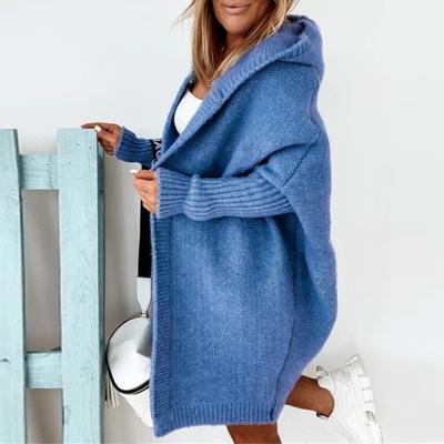 Damen Pullover Mantel Kapuze Langarm Gerippte Bündchen Offen Strick