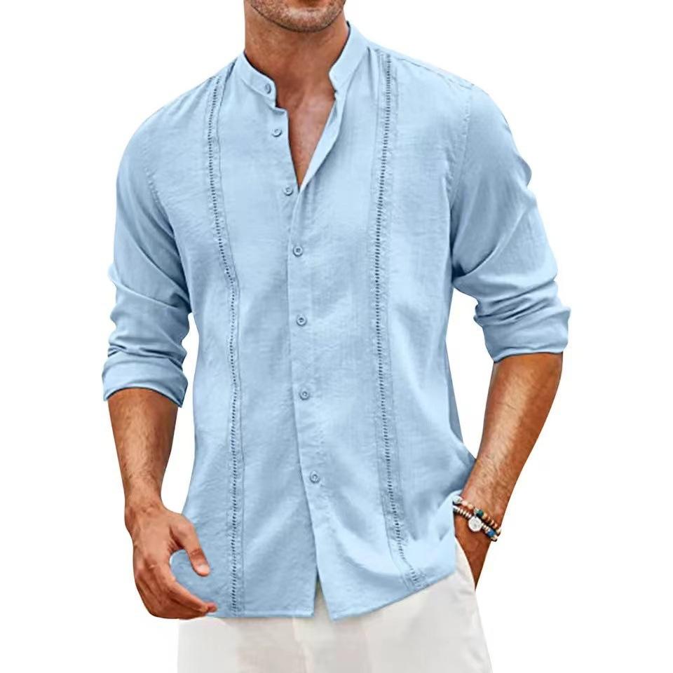Herrkläder Casual Långärmade Enfärgade Skjortor Toppar Vår Sommar Mode Stand Collar Lösa Linne-T-shirts Kofta Herr Streetwear