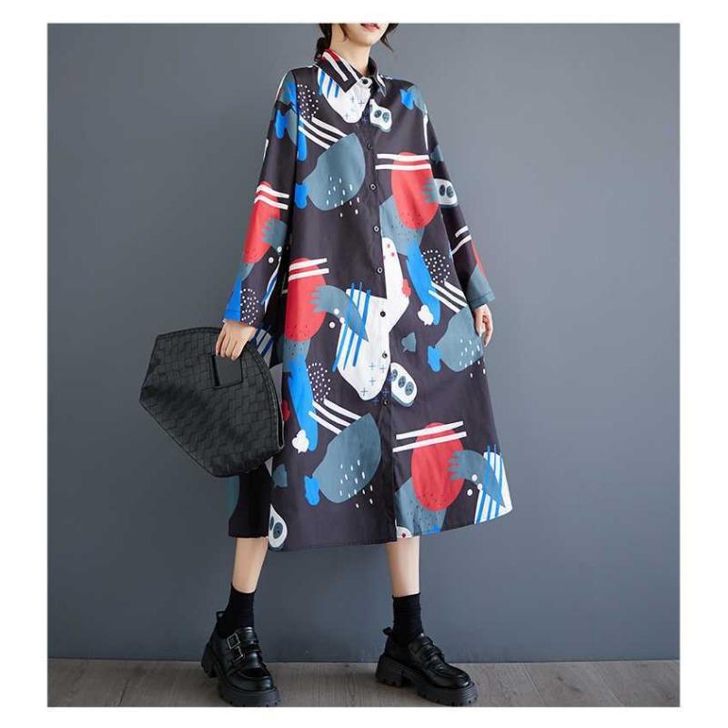 Loose Large Size Oceanic Printed Mid-Length Literary Vintage Dresses