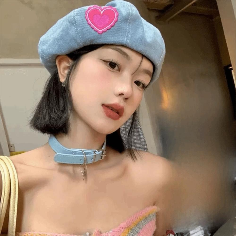 Denim Berets Hat Heart Peaked Cap Sweet Painter Cap Spring Autumn