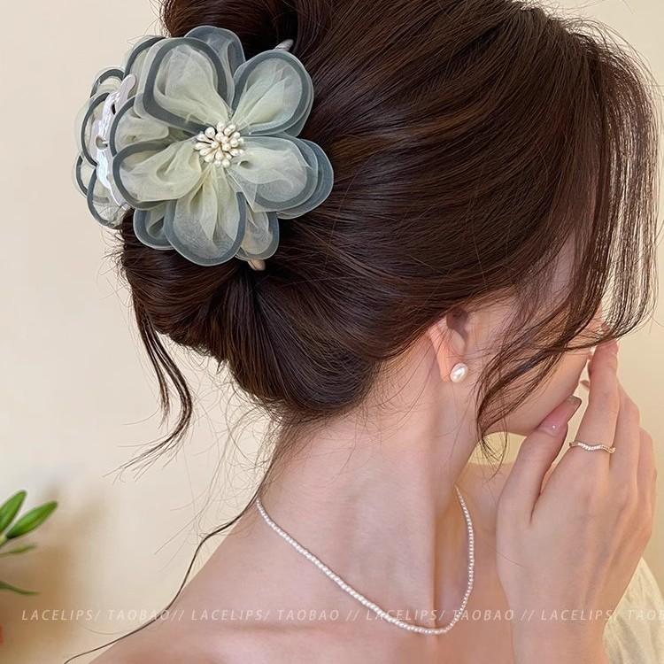 Mesh camellia hair accessories sweet flower grab clip ponytail clip non-slip shark clip premium hairpin headgear