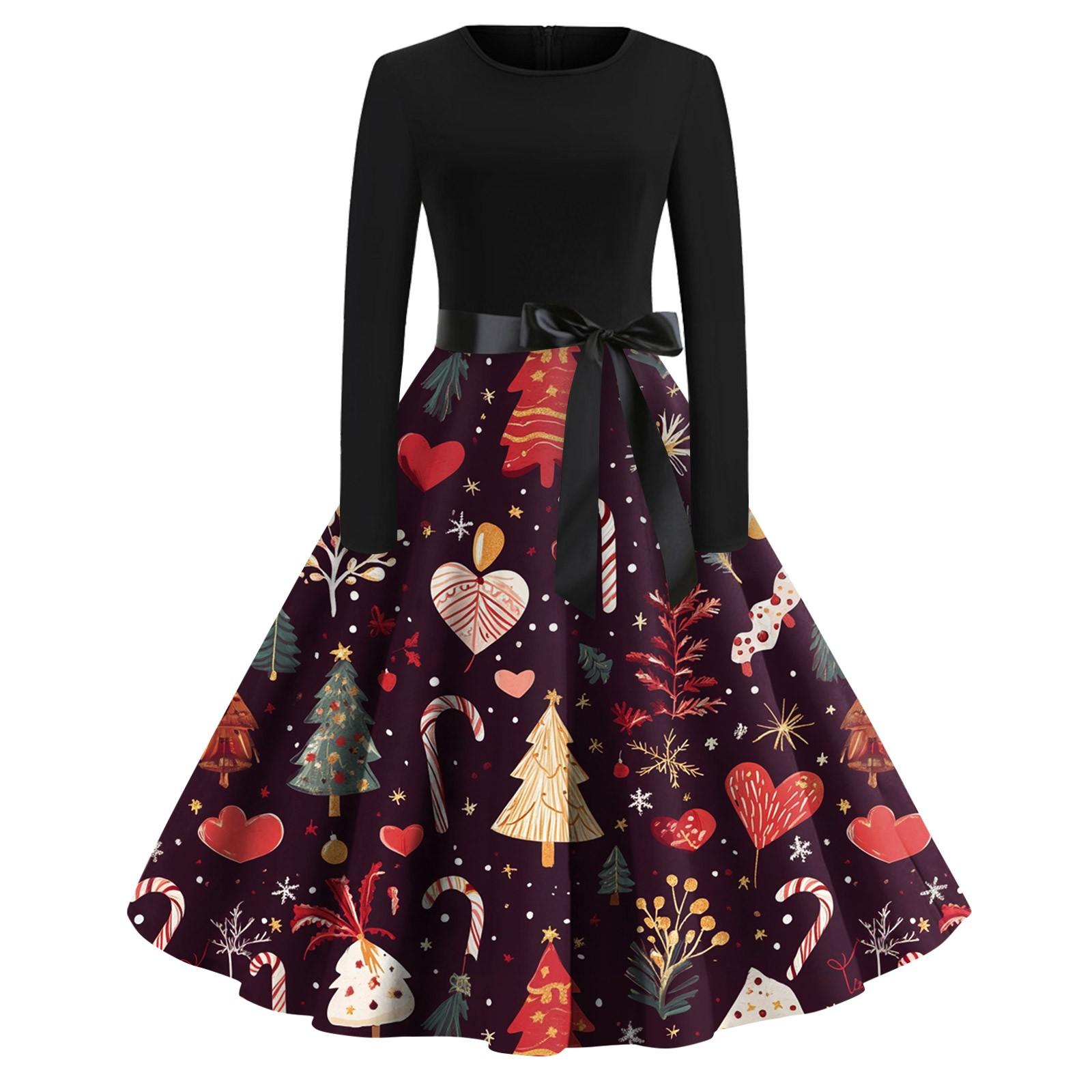 

Женское модное винтажное платье с длинным рукавом и круглым вырезом с рождественским принтом XL винный