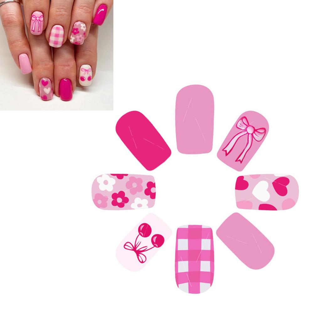 24 Pcs Lovely Flowers False Nail Sweet Heart Artificial Nail Glossy Full Cover Stick On Nail Medium Square Press On Nail