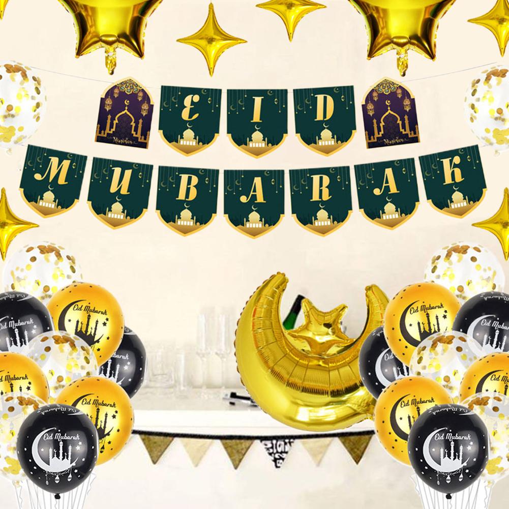 Eid Mubarak Balloon Set with Moon and Star Decorations for Ramadan Celebration