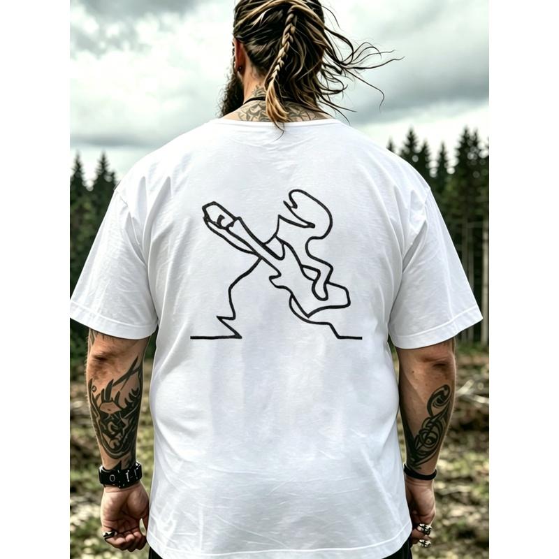 T-shirt Noir Homme Avec Impression Ligne Minimaliste Guerrier Pour Aventure Extérieure Et Tenue Décontractée, Grande Taille