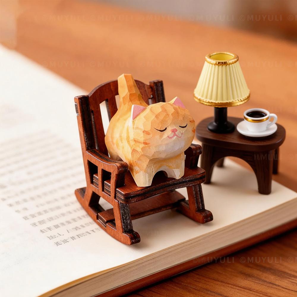 Cute Cat Animals Figurine Decorative Wooden Ornament Miniature Kitten Coffee Home Bedroom Office Desk Decoration Gift Statue