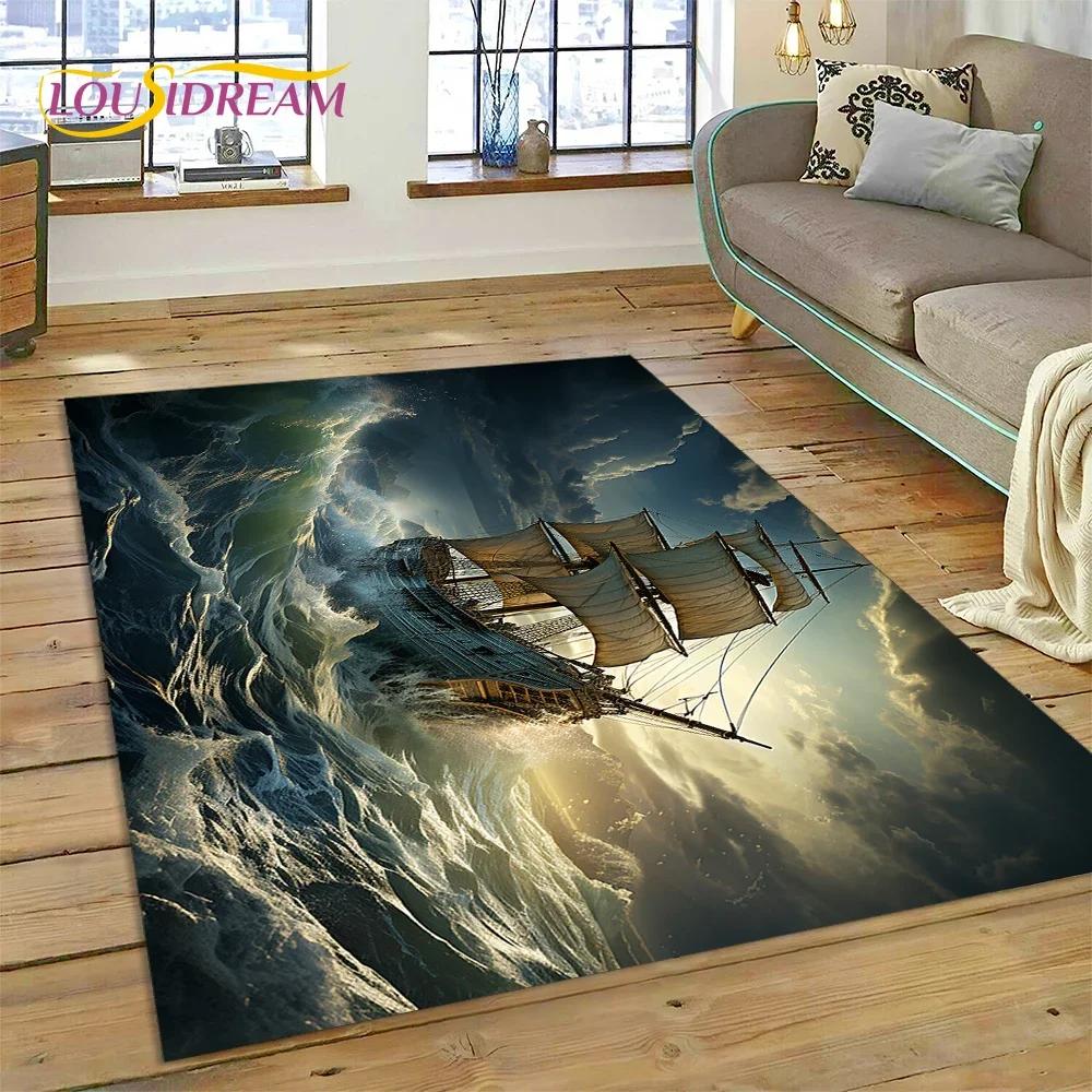 Ancient Pirate Ship Boat,Barque,Sailboa Carpet Rug for Bedroom Living Room Home Sofa Decoration,Child Game Large Decor Floor Mat