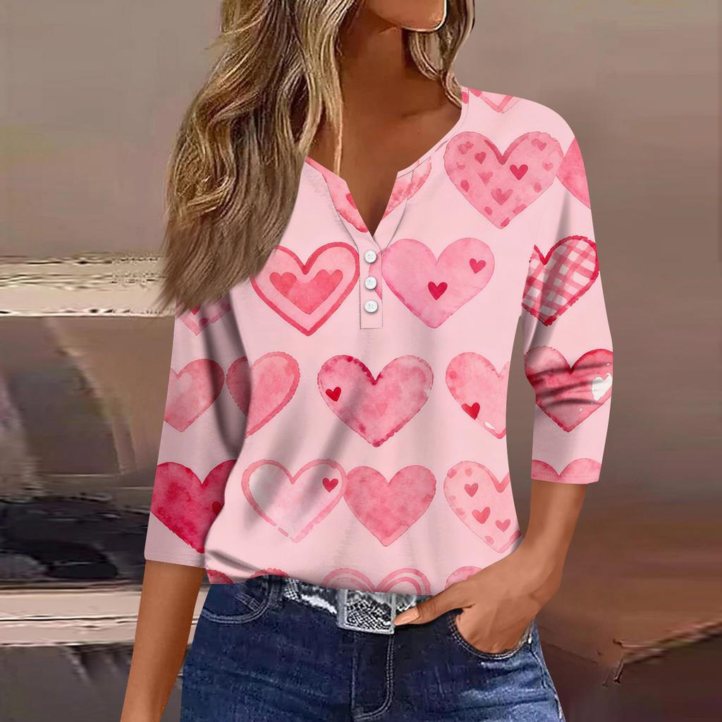 Women's Fashion Button-Up V-Neck Three-Quarter Sleeve Valentine's Day Print Top