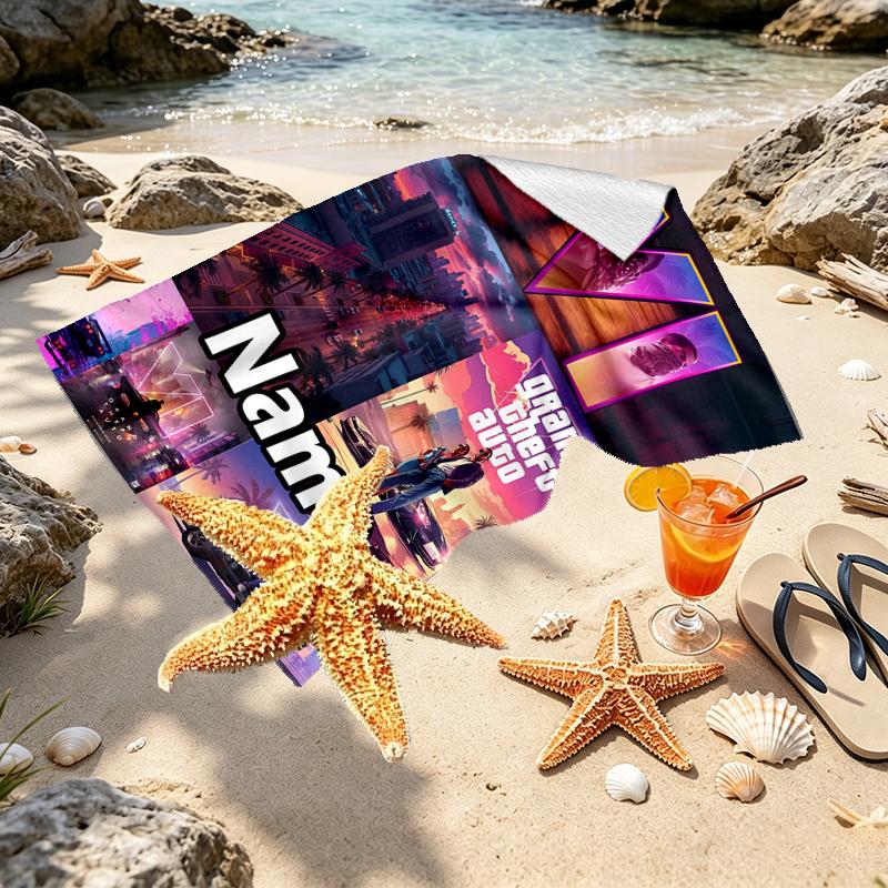 Custom Name Personalized Grand Theft Auto VI Print Beach Towel, for Trip Camping Beach Party Home Decor, Birthday Gift for Family & Friends