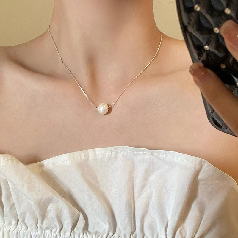 Women Ins Style Minimalist Single Pearl Fashion Versatile Snake Chain Necklace