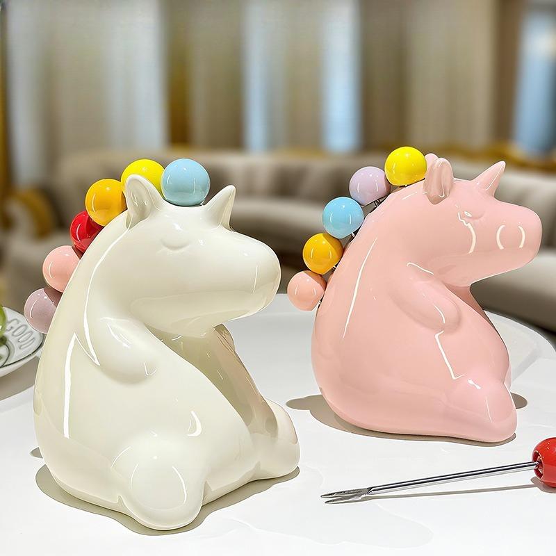 Dinosaur Unicorn Stainless Steel Fruit Fork for Home, Lightweight Luxury, High-end Feel, Child-Safe Ceramic Fork Storage Jar
