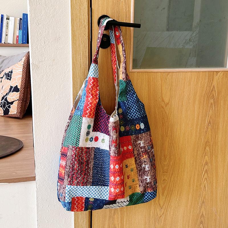 New women's bag retro ethnic style contrasting color collage shoulder hand satchel large capacity underarm canvas bag women's shoulder bag
