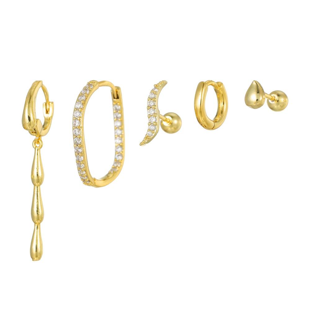 14K Gold-Plated Ear Bone Nail Piercing Screw Ball Circle Water Drop Pendant Ear Buckle Zircon Irregular Round Set for Women