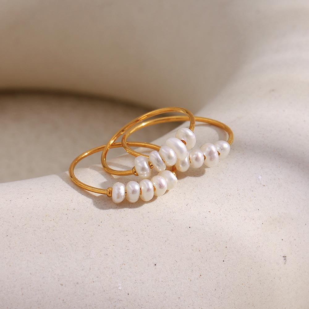 MamacitaSlay 316L Stainless Steel Small White Freshwater Pearl Ring 18K Gold Plated Waterproof Jewelry Women's Elegant Ring Gift