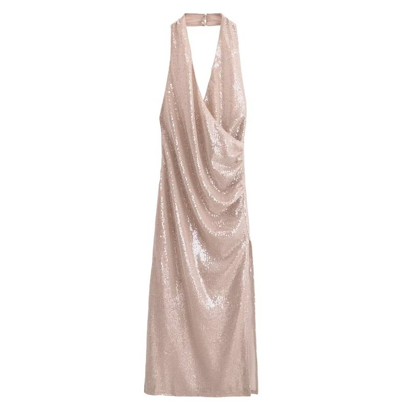 Kaslead New Arrival Women's Clothing Fashion Style Silm Sequin Sequin Pleated Halterneck Dress 4813835