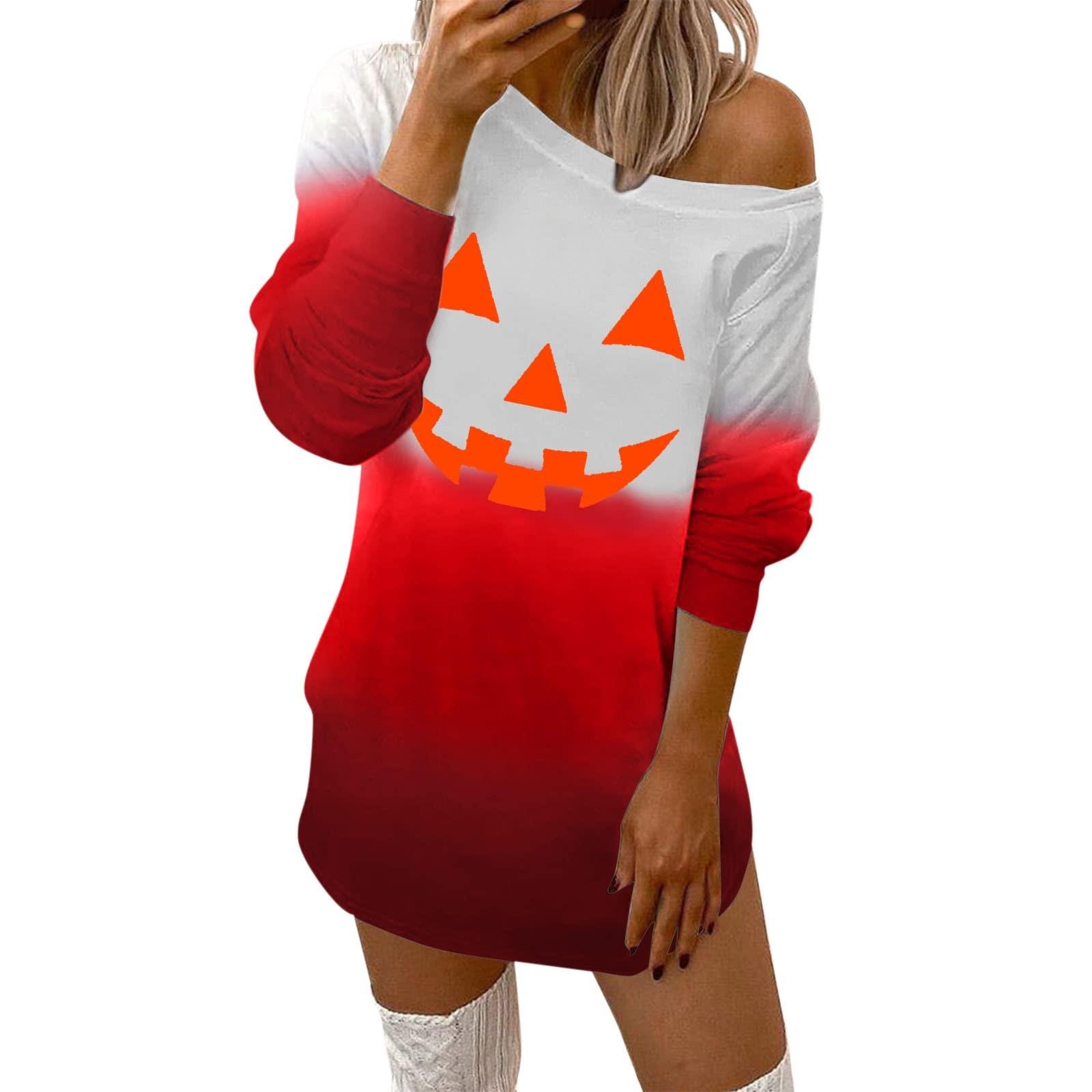 

(SU)Модный женский осенне-зимний повседневный топ с длинным рукавом с круглым вырезом и принтом на Хэллоуин