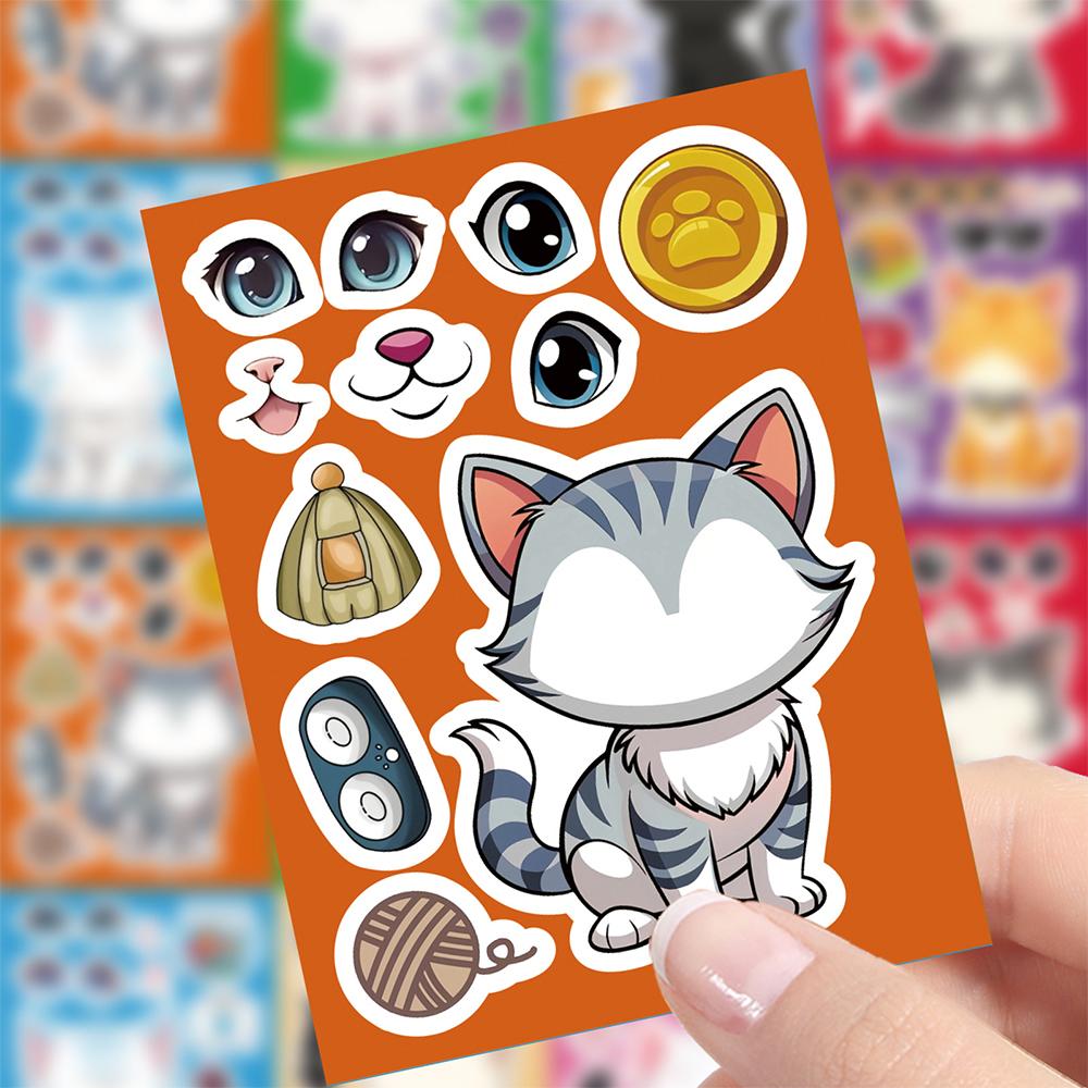8/16sheets Kawaii Cat Cartoon Puzzle Stickers Make a Face DIY Funny Creative Assemble Jigsaw Decals Theme Party Decoration Toys