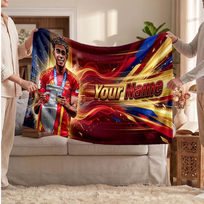 Coperta in pile personalizzata Lamine Yamal con logo del calcio, testo con nome personalizzato, morbida, calda, coperta da divano per la casa