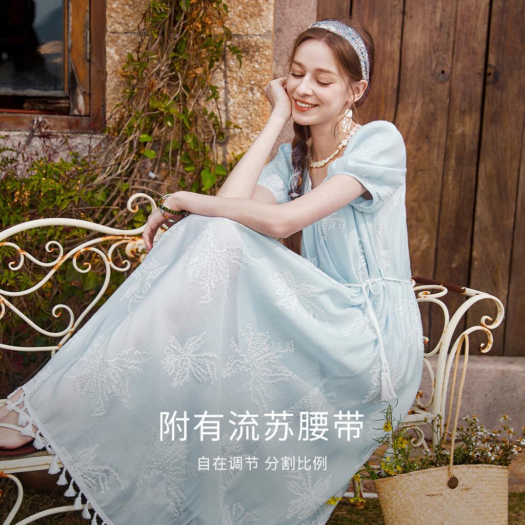 Fragrant Shadow Art Style Blue Embroidered Dress for Women, 2026 Summer New Style Bubble Sleeve Waist Skirt, Mid Length Fairy Women's Skirt