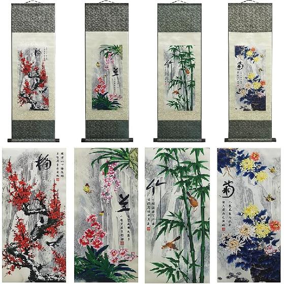 AtfArt Asian Wall Decor - Beautiful Silk Scroll Painting of Waterfall River Landscape - Mountain Spring Autumn Color Oriental Decor Chinese Art Wall